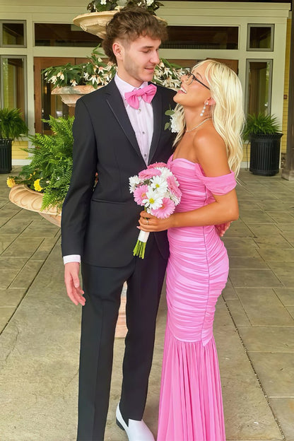 Off Shoulder Pink Ruched Long Prom Dress with Ruffle