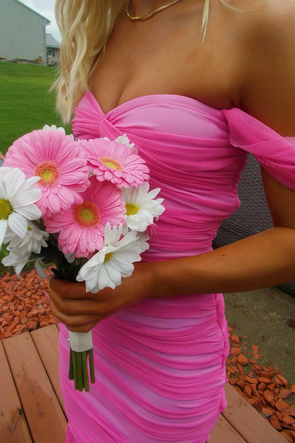 Off Shoulder Pink Ruched Long Prom Dress with Ruffle