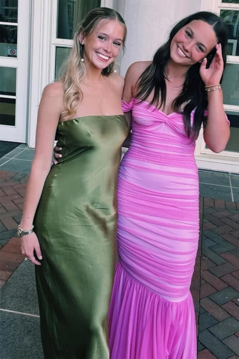 Off Shoulder Pink Ruched Long Prom Dress with Ruffle