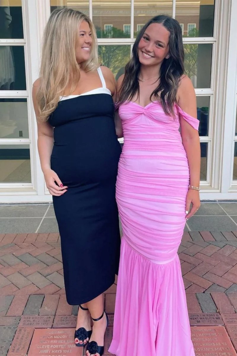 Off Shoulder Pink Ruched Long Prom Dress with Ruffle