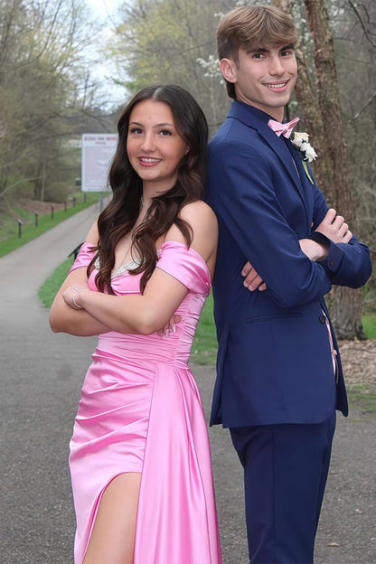 Pink - Mermaid Off The Shoulder Satin Beaded Long Prom Dresses With Slit