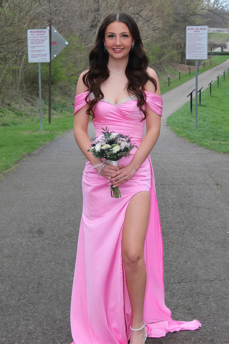 Pink - Mermaid Off The Shoulder Satin Beaded Long Prom Dresses With Slit