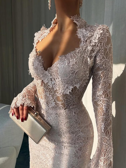 Square Neck Lace Long Sleeve Mermaid Slit Evening Dress