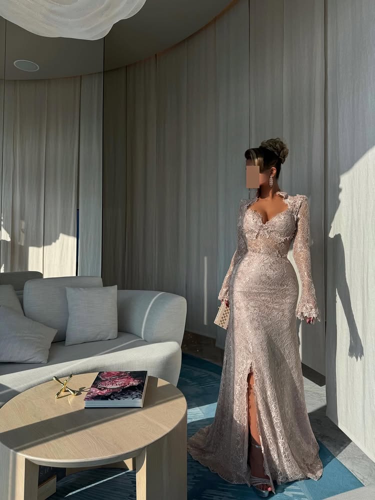 Square Neck Lace Long Sleeve Mermaid Slit Evening Dress