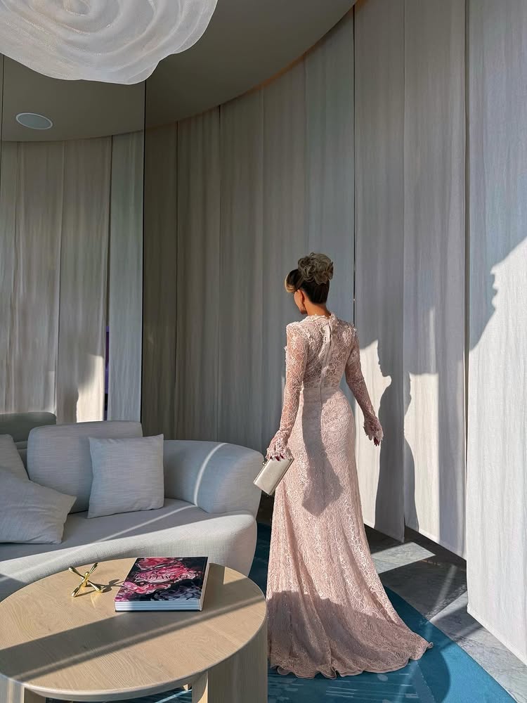 Square Neck Lace Long Sleeve Mermaid Slit Evening Dress