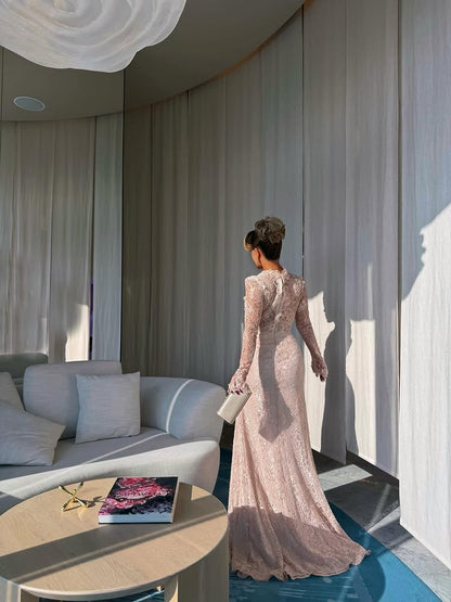 Square Neck Lace Long Sleeve Mermaid Slit Evening Dress