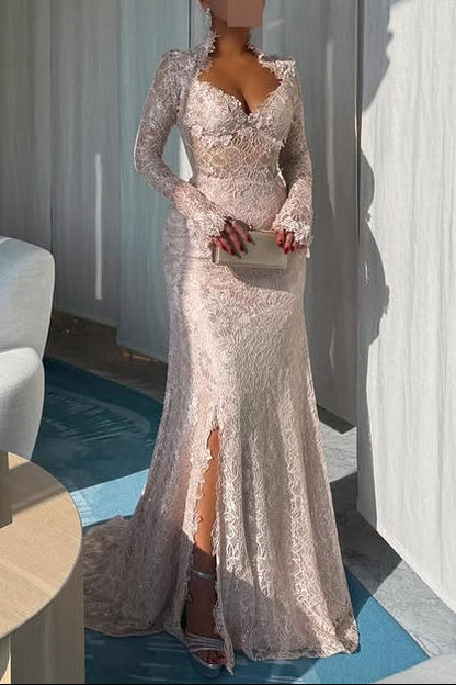 Square Neck Lace Long Sleeve Mermaid Slit Evening Dress