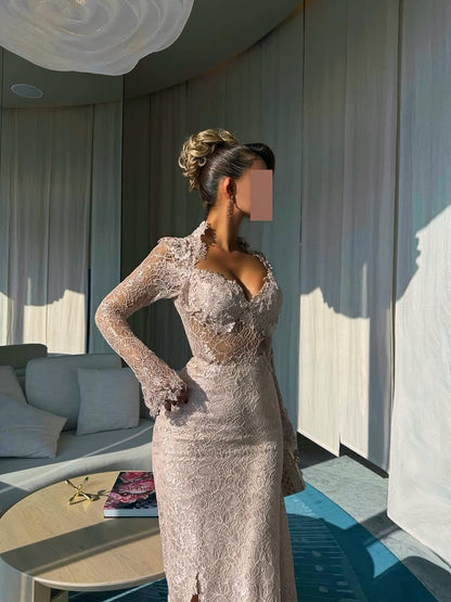Square Neck Lace Long Sleeve Mermaid Slit Evening Dress