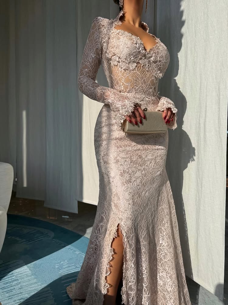 Square Neck Lace Long Sleeve Mermaid Slit Evening Dress