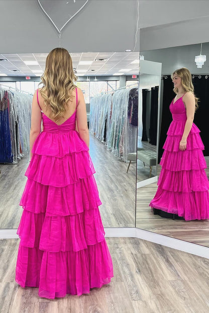 Long Chiffon Hot Pink Formal Dress Ruffles V Neck Prom Dress Straps