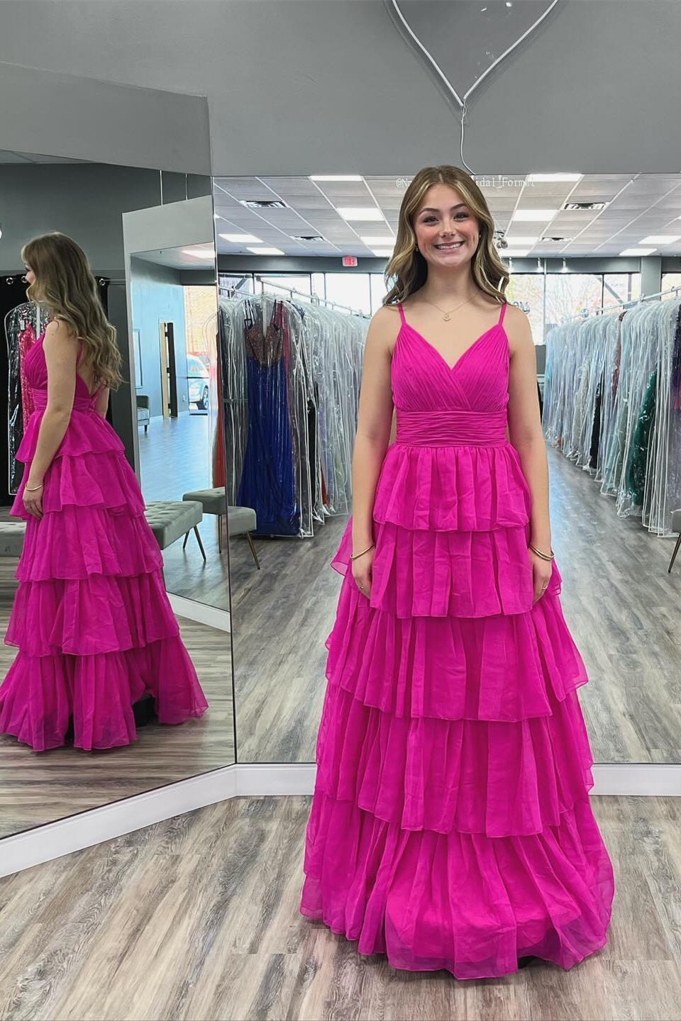 Long Chiffon Hot Pink Formal Dress Ruffles V Neck Prom Dress Straps