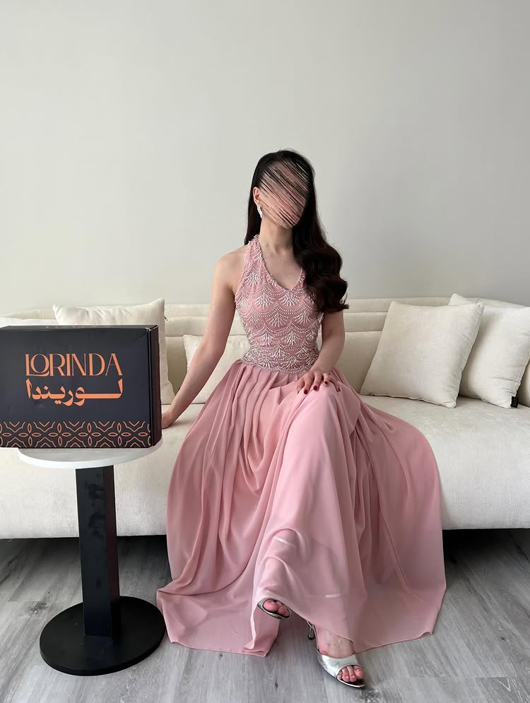 Beaded Pink Halter Sleeveless A-Line Backless Floor-Length Evening Dress