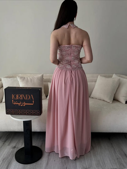 Beaded Pink Halter Sleeveless A-Line Backless Floor-Length Evening Dress