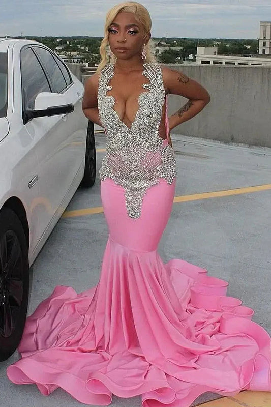 Halter Deep V-Neck Sequined Applique Trumpet Mermaid Formal Prom Dress