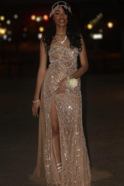 Luxury Strapless Beadings Side Split Evening Dress with Pearls