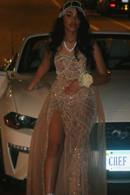 Luxury Strapless Beadings Side Split Evening Dress with Pearls