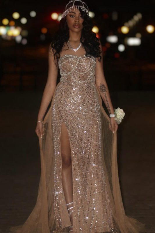 Luxury Strapless Beadings Side Split Evening Dress with Pearls