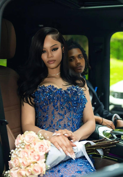 Blue Beaded Sweetheart Sleeveless Mermaid Sparkle Prom Dress