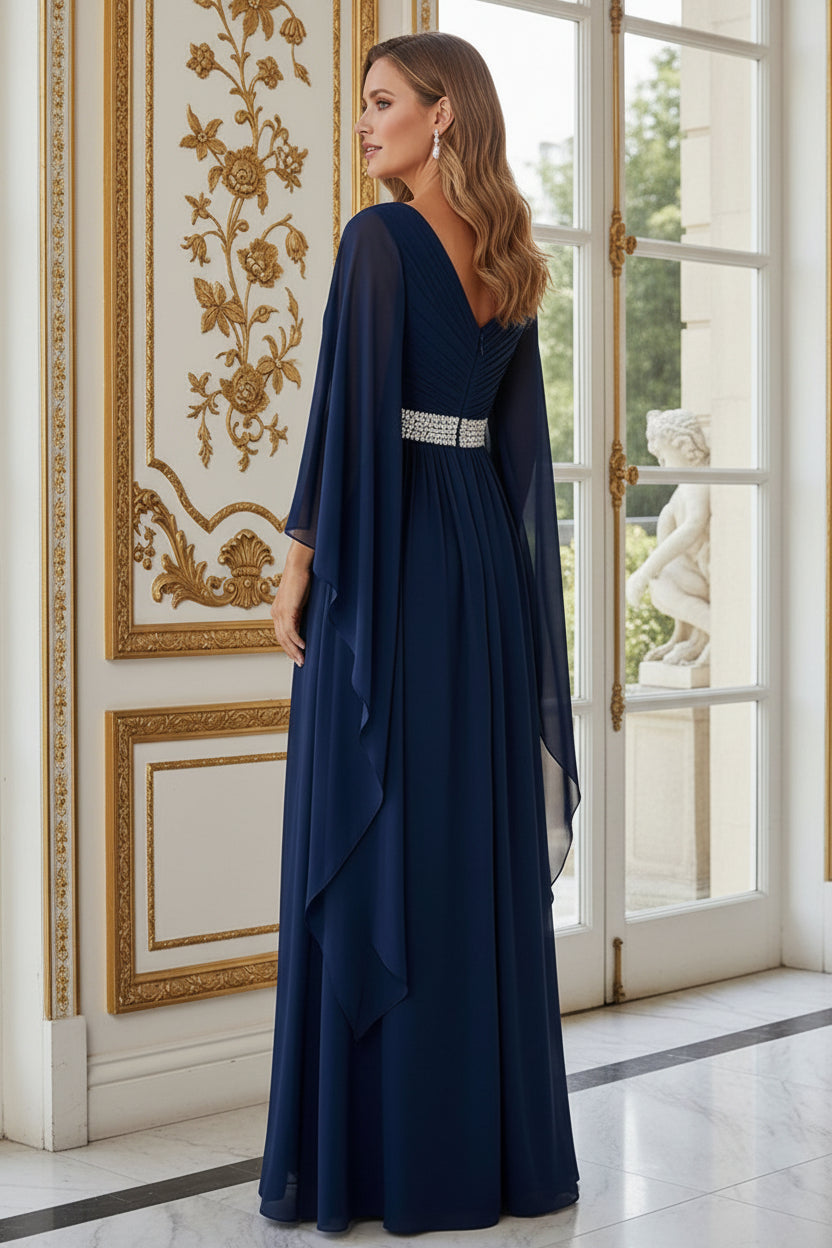 Beaded Waist Cape Sleeve Chiffon Maxi Gown