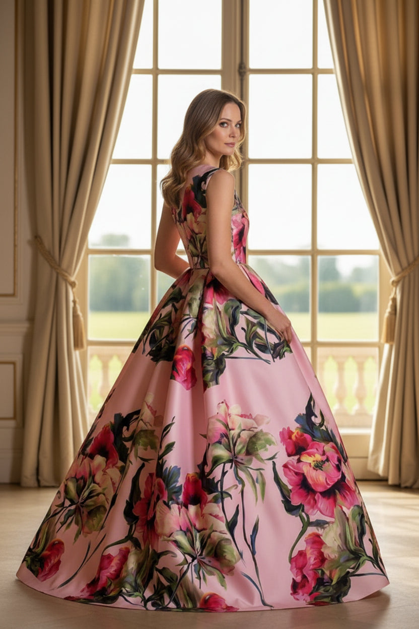 Floral Print Sleeveless Ball Gown Evening Dress