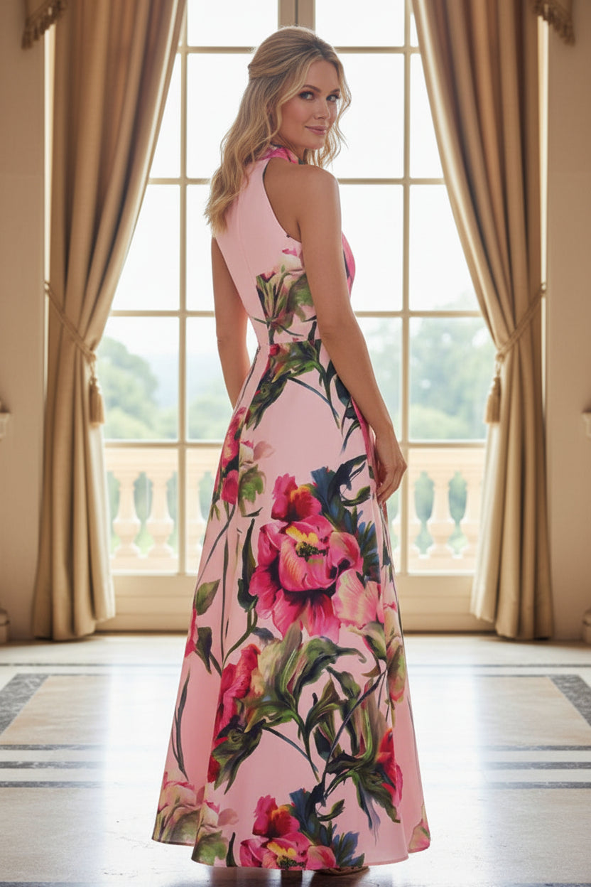 Floral Print High Neck Halter A-Line Maxi Dress