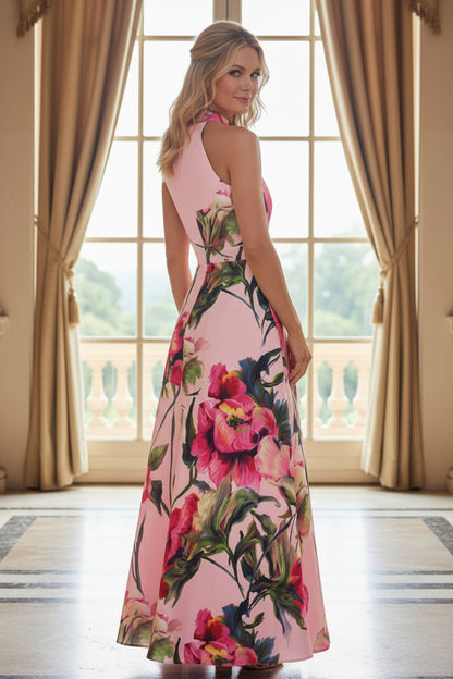 Floral Print High Neck Halter A-Line Maxi Dress