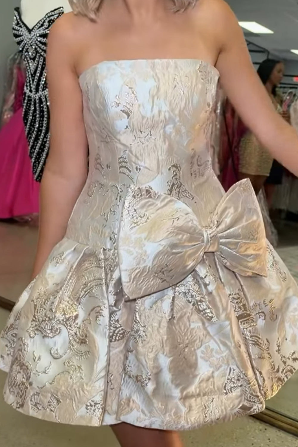 Strapless Jacquard Mini Dress with Bow Waist Detail