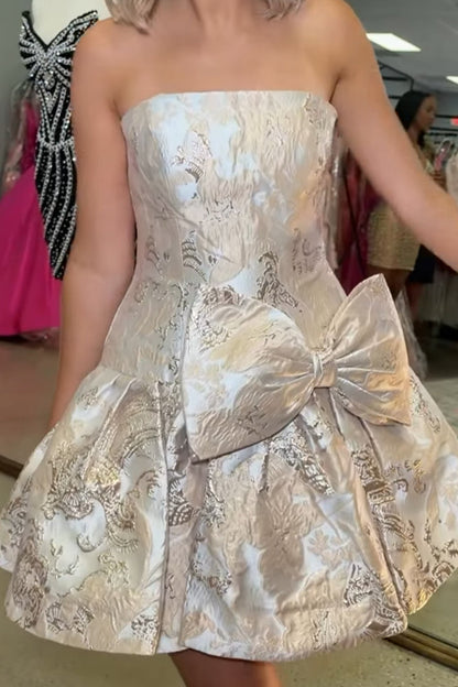 Strapless Jacquard Mini Dress with Bow Waist Detail