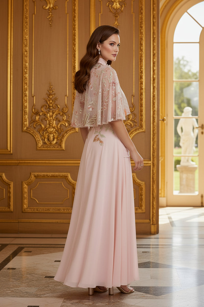 Embroidered Cape High Neck Pleated Evening Dress