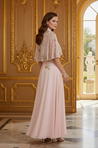 Embroidered Cape High Neck Pleated Evening Dress
