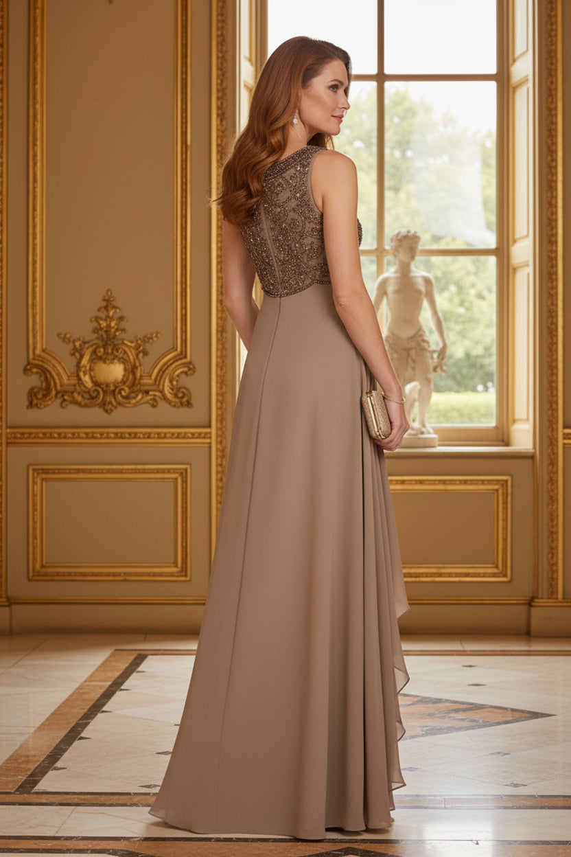 Beaded Bodice Cascading Tiered Evening Gown