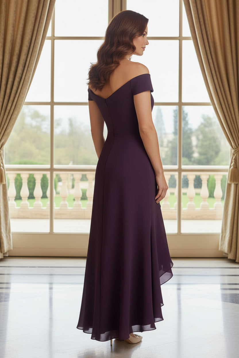 Off-the-Shoulder High-Low Gown with Side Ruffle