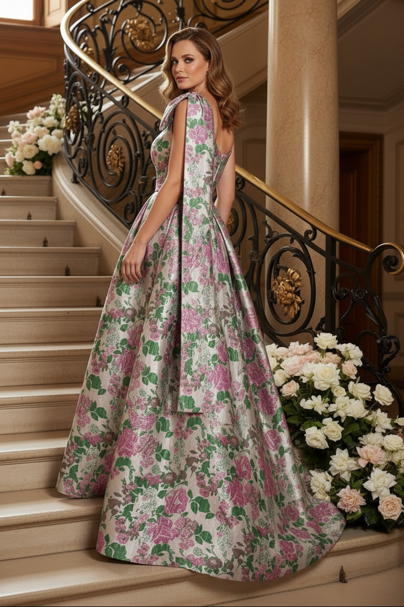 One-Shoulder Floral Jacquard Ball Gown with Bow