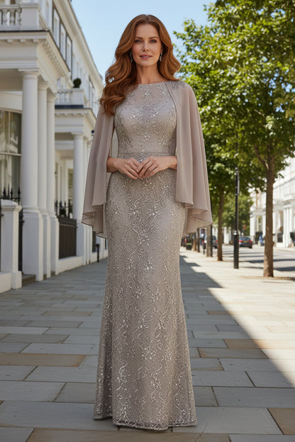 Lace Sheath Gown with Sheer Cape Sleeves
