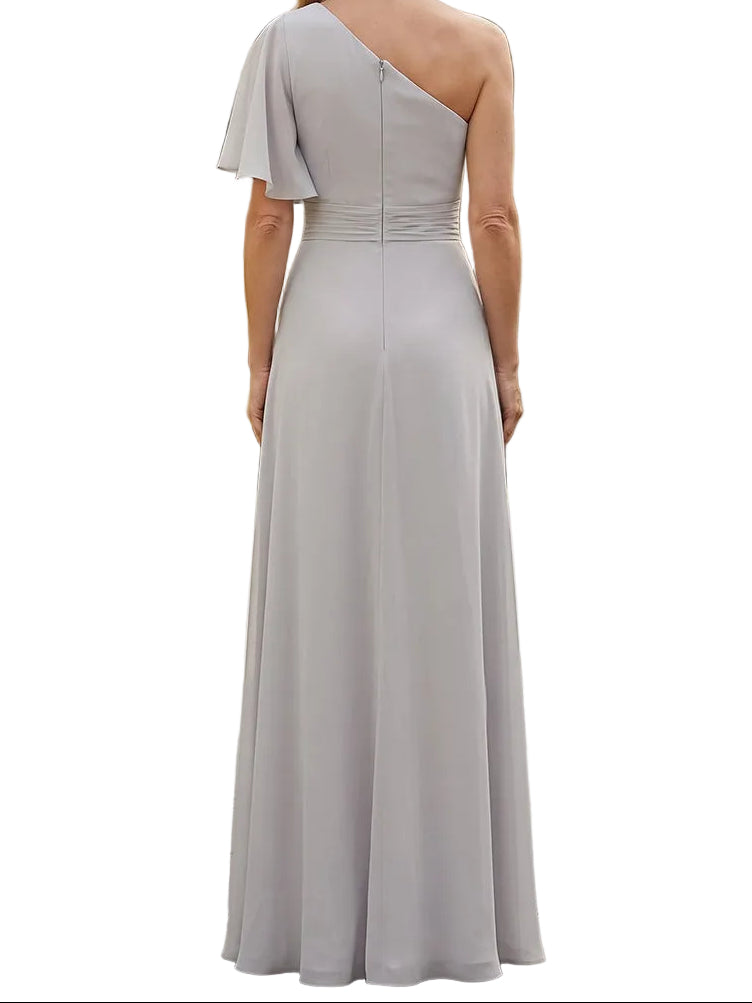 One-Shoulder Flutter Sleeve Gown with Ruched Waist