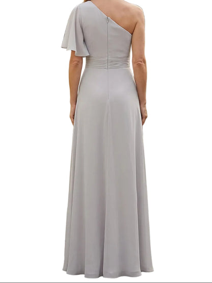 One-Shoulder Flutter Sleeve Gown with Ruched Waist
