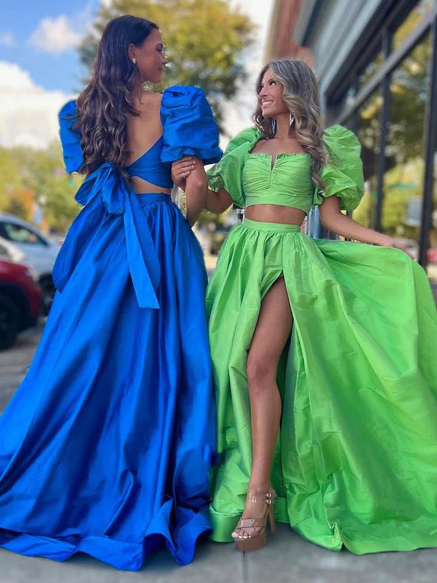 Two-Piece Sweetheart Puff-Sleeves Pleated Satin Long A-Line Prom Dress with Slit
