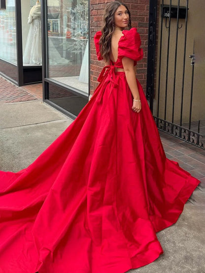 Two-Piece Sweetheart Puff-Sleeves Pleated Satin Long A-Line Prom Dress with Slit