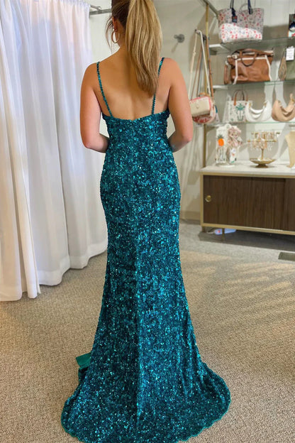 Mermaid Long Sequin Teal Prom Dress with Keyhole Straps Slit