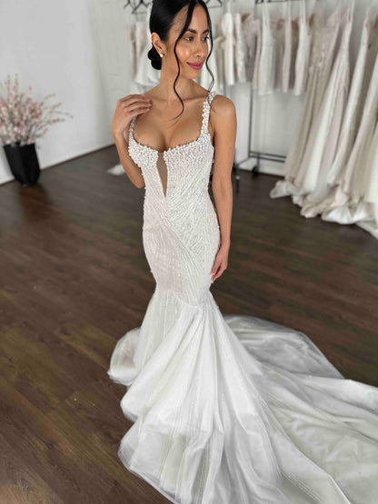 Mermaid Sleeveless Back Zipper Pearl Beaded Wedding Dress