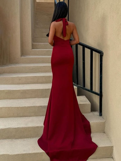 Halter-Neck Sleeveless Satin Pleated Mermaid Prom Dress with Sweep Train
