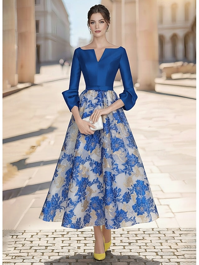 V-Neck Long Sleeve Flower Floral Print A-Line Ankle-Length Evening Dress