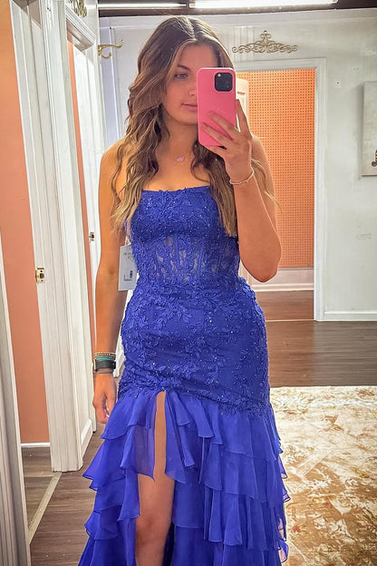 Strapless Teal Lace Appliques Fitted Ruffle Prom Dress