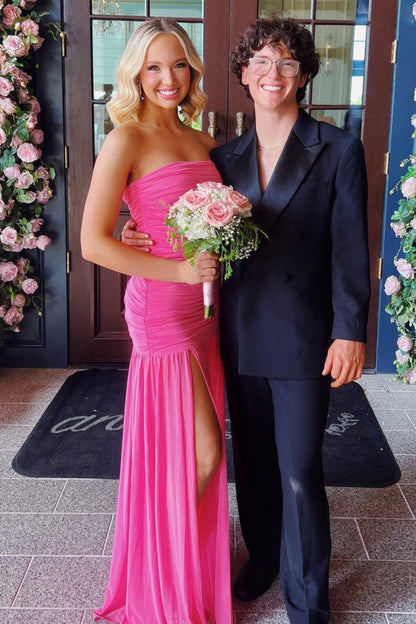 Hot Pink - Sheath Strapless Pleated Chiffon Long Prom Dresses
