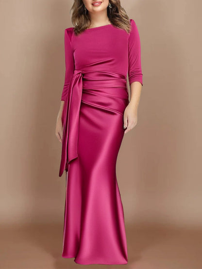 Column Scoop 3/4 Length Sleeves Floor-Length Mother of the Bride Dresses with Bow
