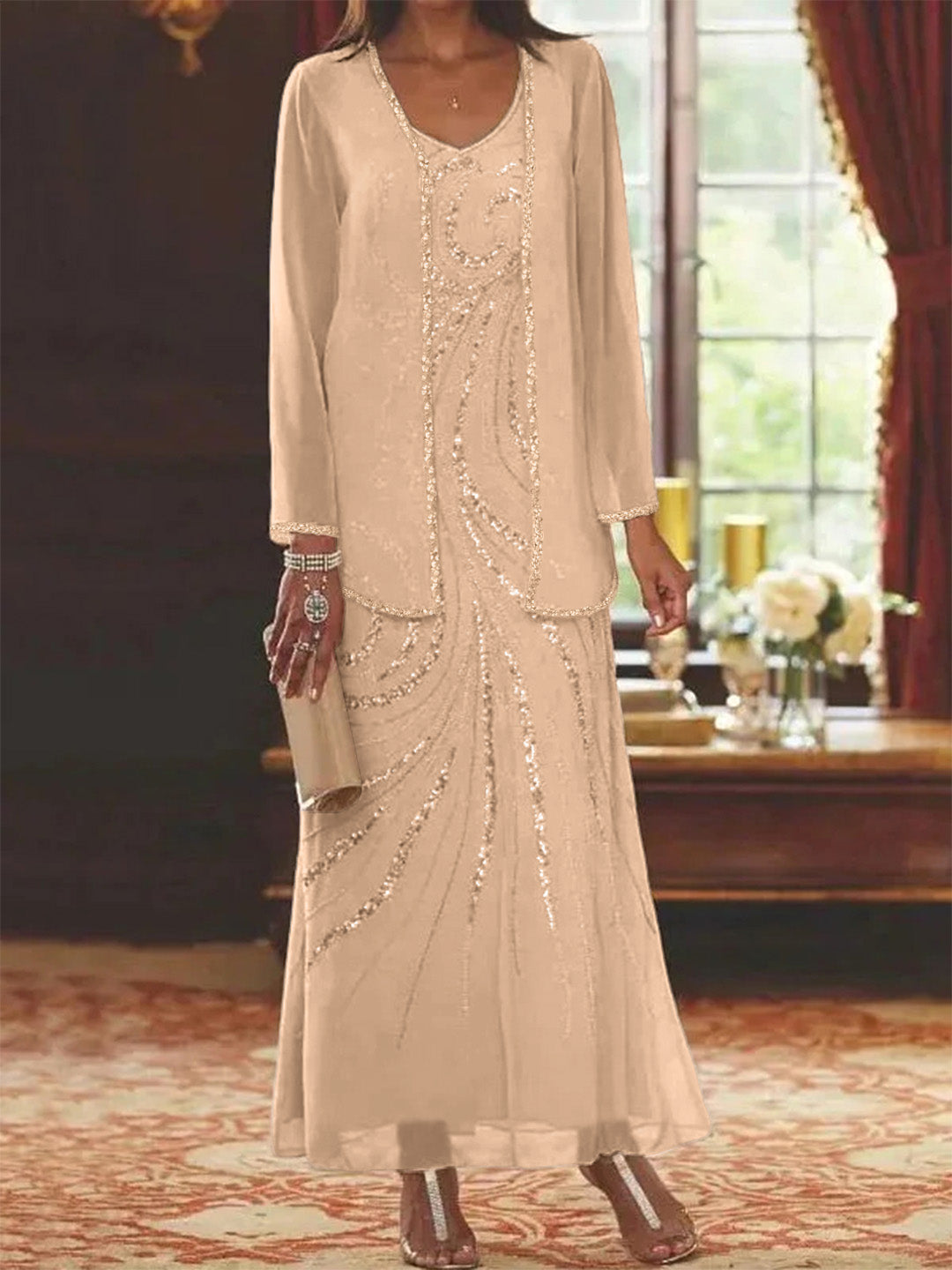 Column V-Neck Ankle-Length Mother of the Bride Dress