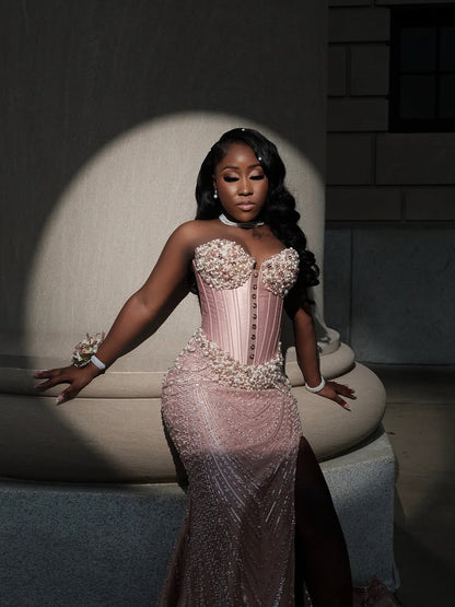 Sweetheart Half Sleeve Beaded Mermaid Side Slit Prom Dress