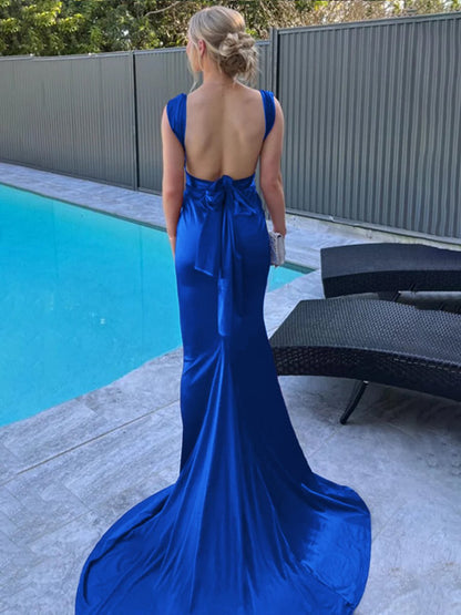 V-Neck Straps Satin Pleated Long Party Gowns Sleeveless Sweep Train Prom Dress