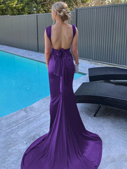 V-Neck Straps Satin Pleated Long Party Gowns Sleeveless Sweep Train Prom Dress