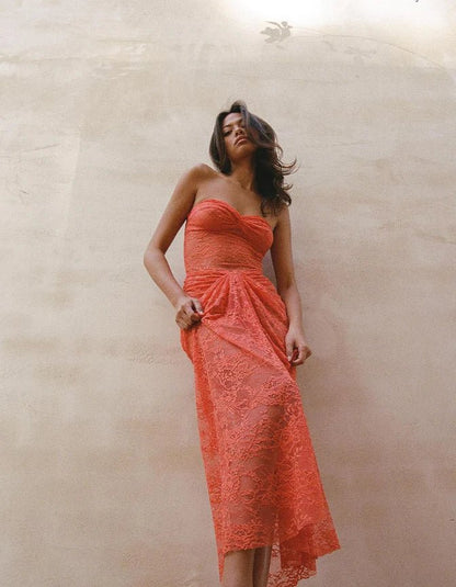 Orange Strapless Lase Illusion Lace Prom Dress